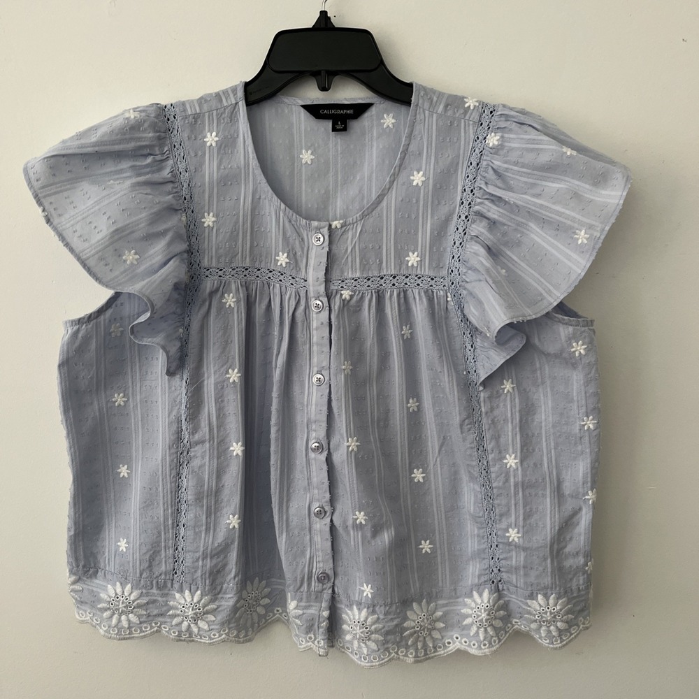Women's Blue White Striped Embroidered Lace Trim Top Large Cottagecore Prairie